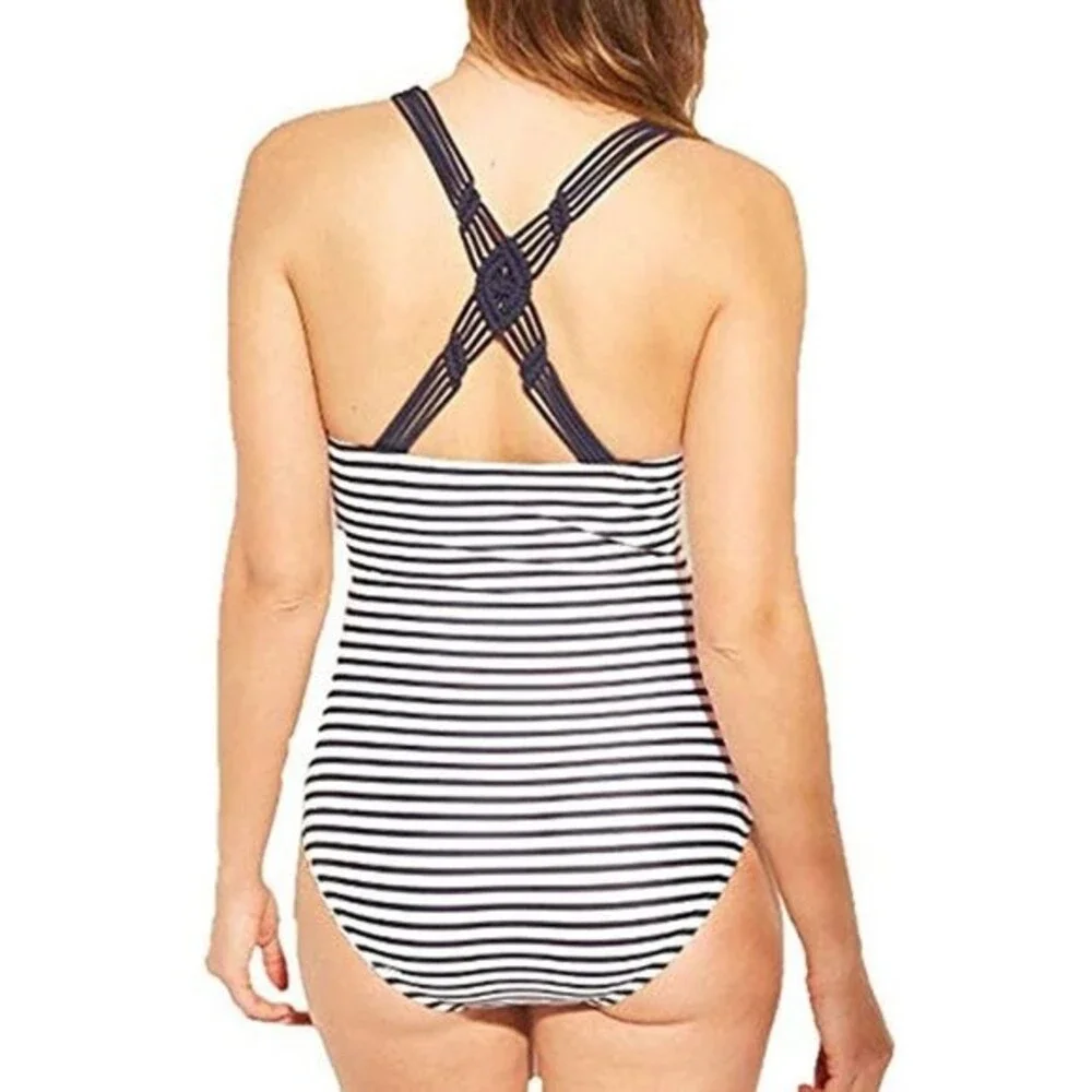 Kona Sol One Piece Shirred Navy Blue Stripe Swimsuit Small NWOT